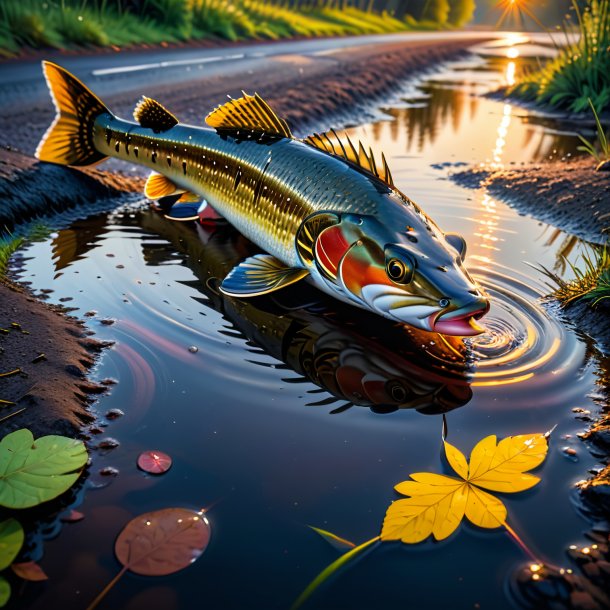 Pic of a drinking of a pike in the puddle