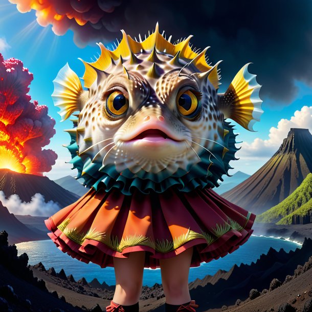 Illustration of a pufferfish in a skirt in the volcano