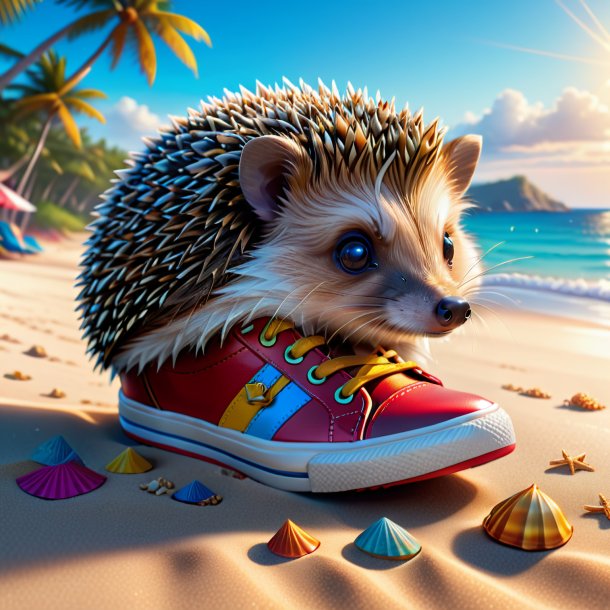 Drawing of a hedgehog in a shoes on the beach