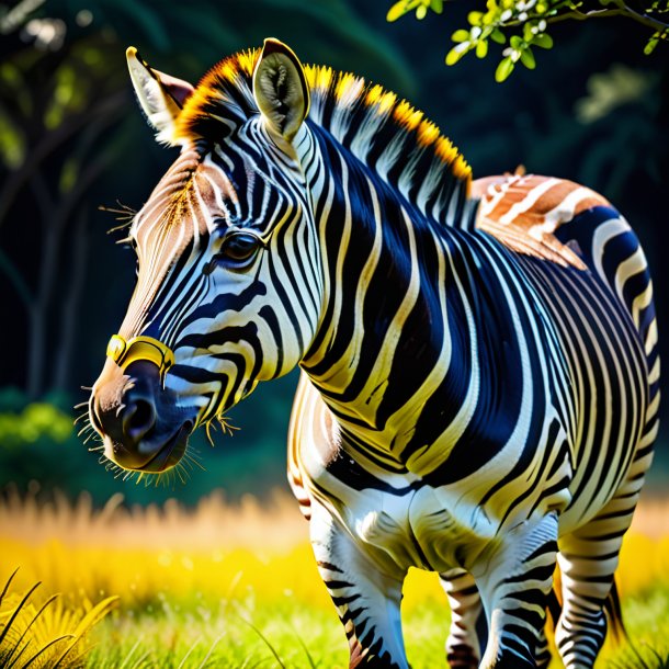 Imagem de uma zebra em um cinto amarelo