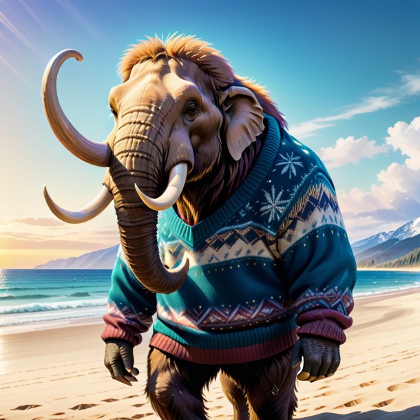 Image of a mammoth in a sweater on the beach