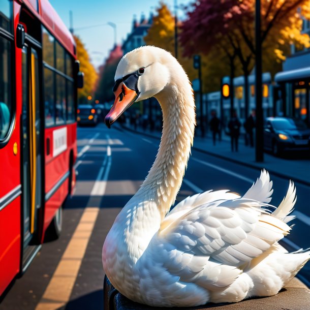 Foto de um cisne em um colete no ponto de ônibus