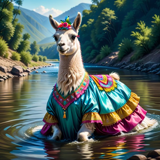 Illustration of a llama in a dress in the river