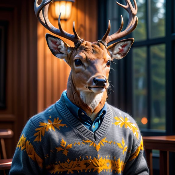 Photo of a deer in a gray sweater