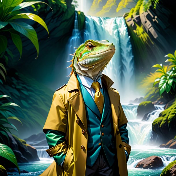 Illustration of a lizard in a coat in the waterfall