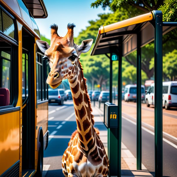 Imagem de uma girafa em um cinto no ponto de ônibus