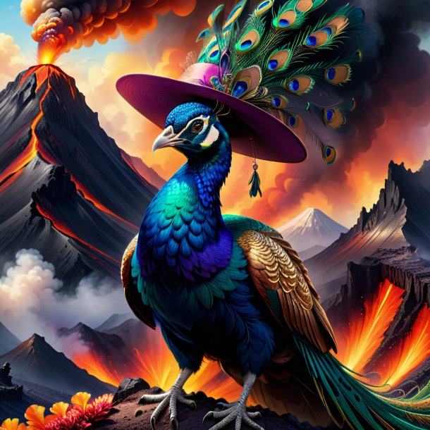 Dibujo de un pavo real en un sombrero en el volcán