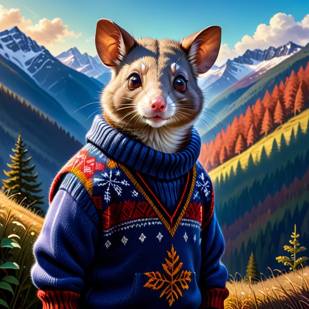 Drawing of a possum in a sweater in the mountains