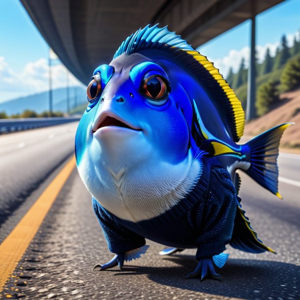 Photo d'un tang bleu dans un pull sur l'autoroute