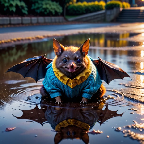 Picture of a bat in a sweater in the puddle