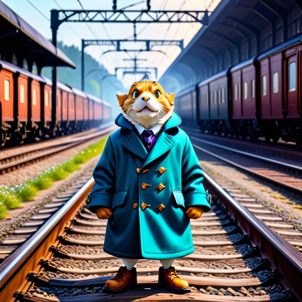 Picture of a haddock in a coat on the railway tracks