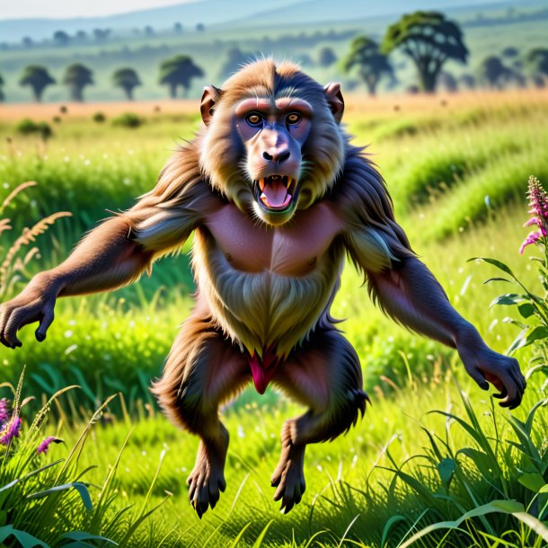 Pic of a jumping of a baboon in the meadow