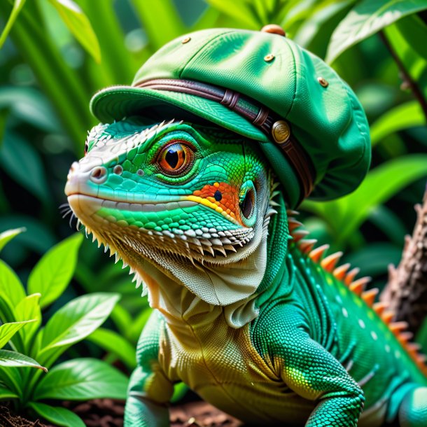 Photo of a lizard in a green cap