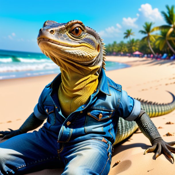 Image d'un lézard de moniteur dans un jean sur la plage