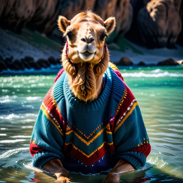 Image d'un chameau dans un pull dans l'eau