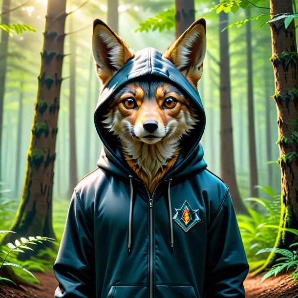 Picture of a jackal in a hoodie in the forest