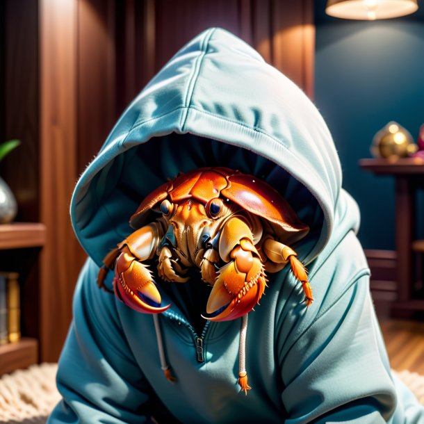 Image of a hermit crab in a hoodie in the house