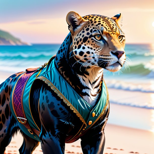 Illustration d'un jaguar dans un gilet sur la plage