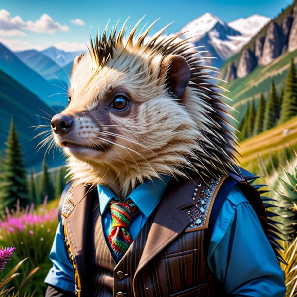 Image of a porcupine in a vest in the mountains