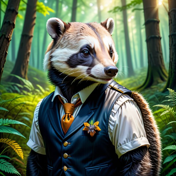 Drawing of a badger in a vest in the forest