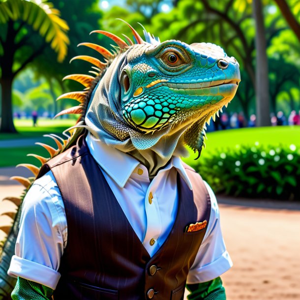 Pic of a iguana in a vest in the park