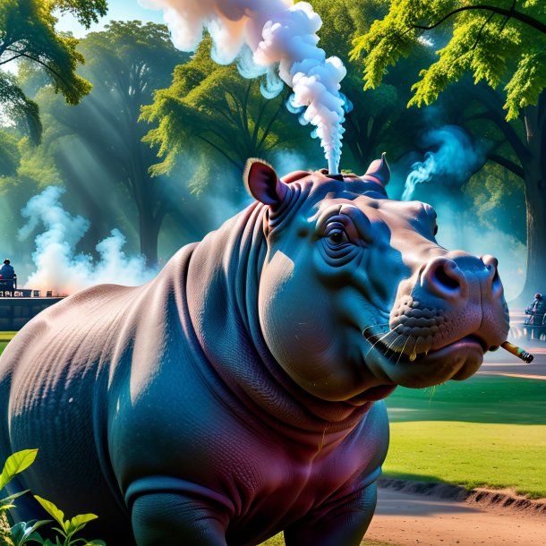 Photo of a smoking of a hippopotamus in the park