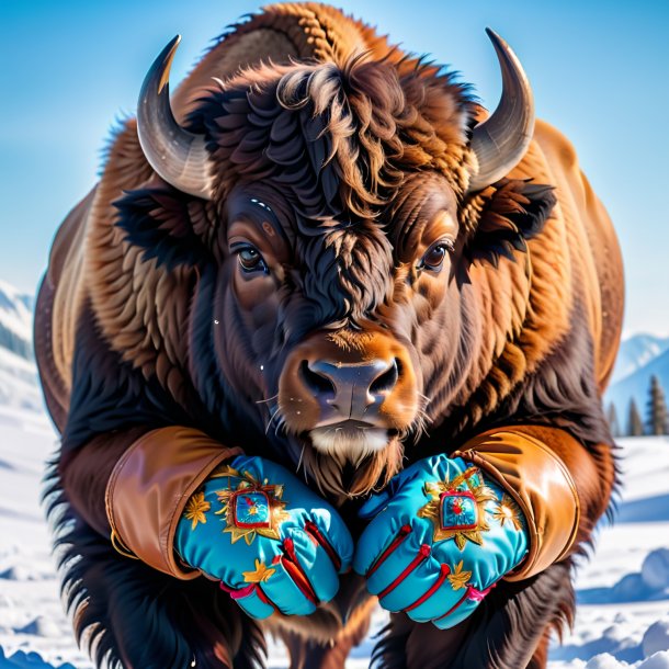 Foto de un bisonte en guantes en la nieve