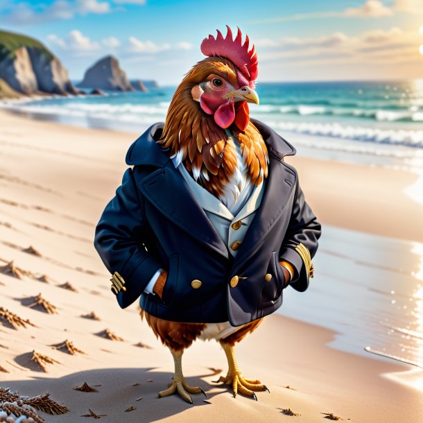 Ilustración de una gallina en un abrigo en la playa