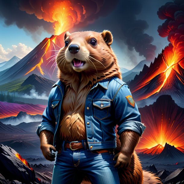 Drawing of a beaver in a jeans in the volcano