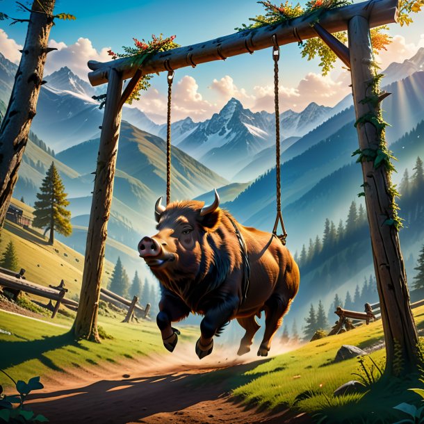 Picture of a swinging on a swing of a boar in the mountains