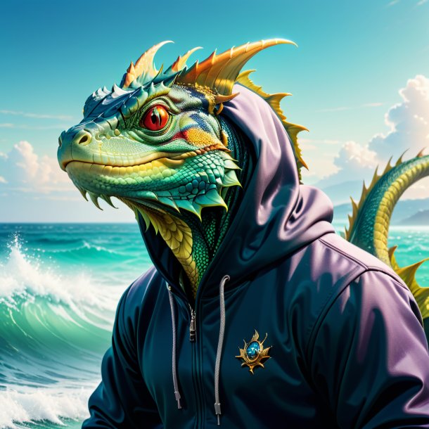 Imagem de um basilisk em um hoodie no mar