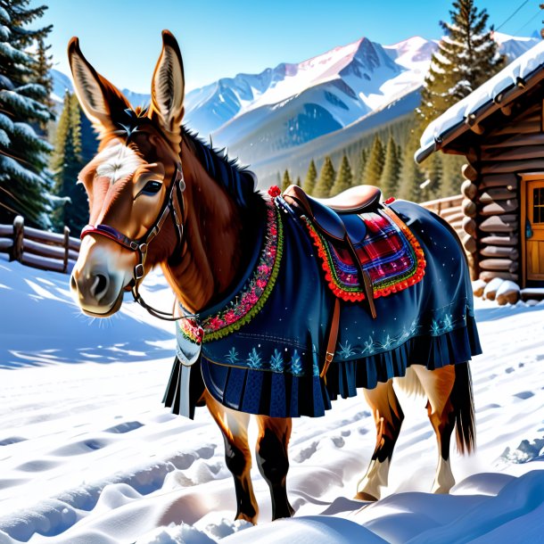 Image of a mule in a skirt in the snow