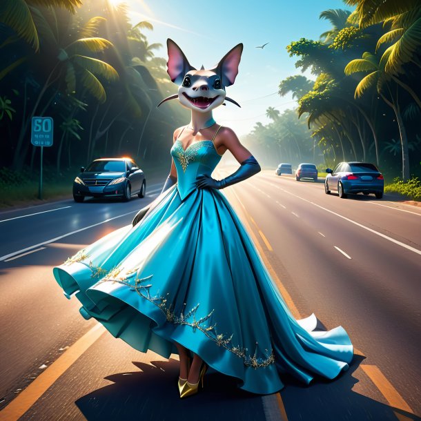 Illustration of a hammerhead shark in a dress on the road