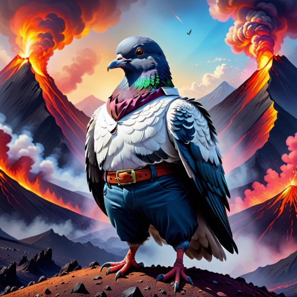 Illustration of a pigeon in a trousers in the volcano