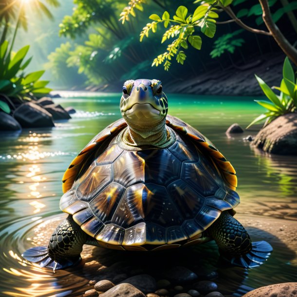 Imagen de una tortuga en un vestido en el río