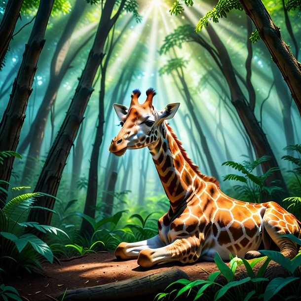 Imagem de um sono de uma girafa na floresta