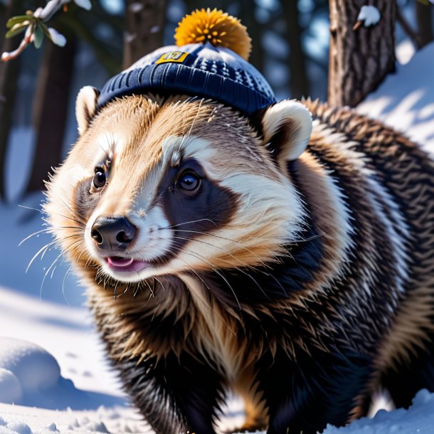 Pic of a badger in a cap in the snow