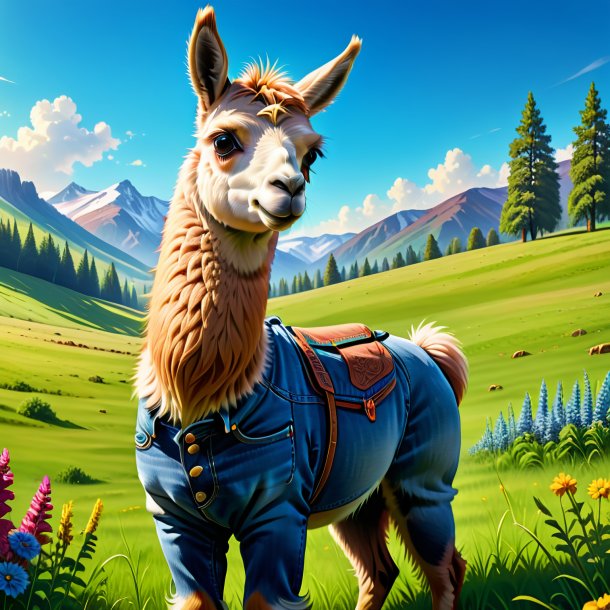 Illustration of a llama in a jeans in the meadow