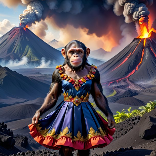 Picture of a chimpanzee in a dress in the volcano