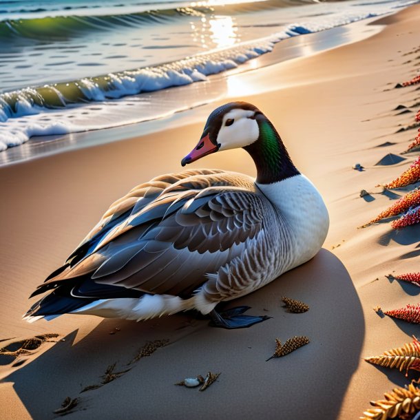 Photo of a sleeping of a goose on the beach