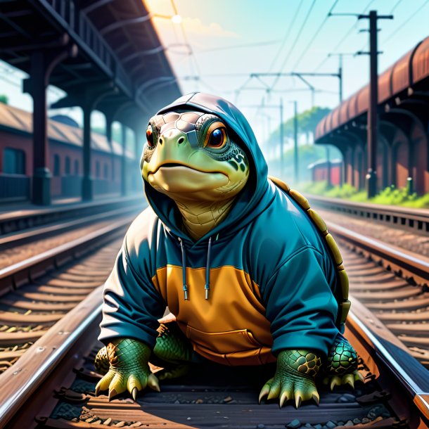 Ilustração de uma tartaruga em um hoodie nos trilhos ferroviários