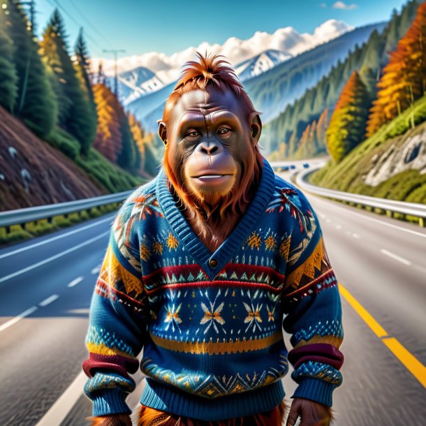 Photo of a orangutan in a sweater on the highway