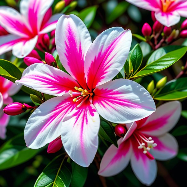 "depiction of a hot pink jessamine, common white"