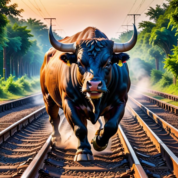 Photo of a playing of a bull on the railway tracks