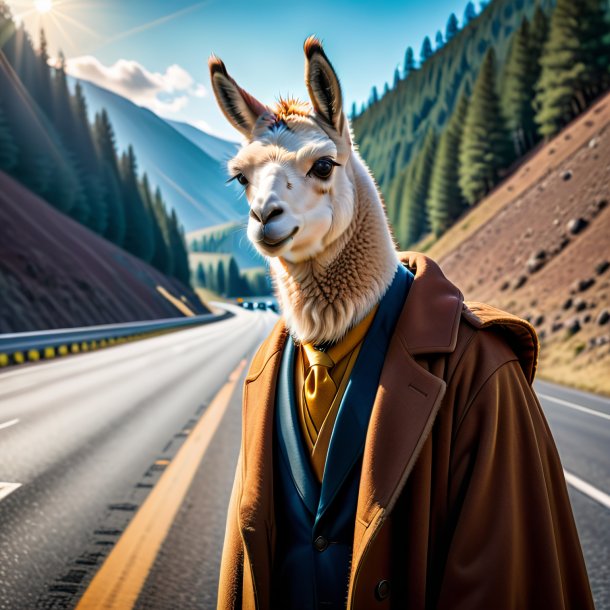 Picture of a llama in a coat on the highway