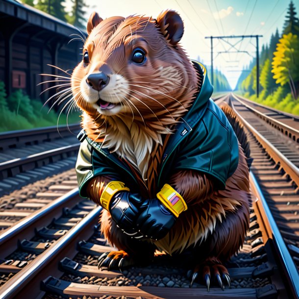 Drawing of a beaver in a gloves on the railway tracks