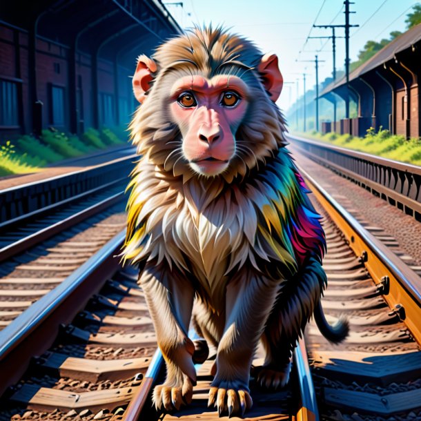 Drawing of a baboon in a coat on the railway tracks