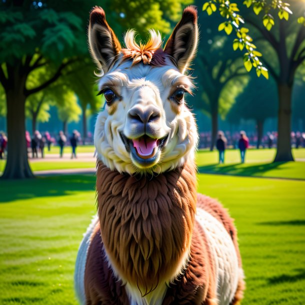 Foto de um sorriso de uma lhama no parque