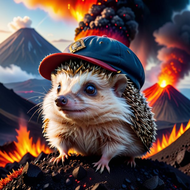 Image of a hedgehog in a cap in the volcano