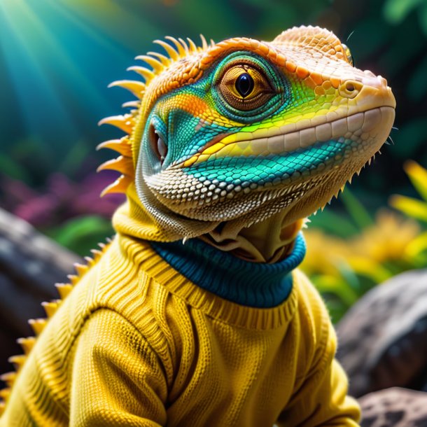 Picture of a lizard in a yellow sweater